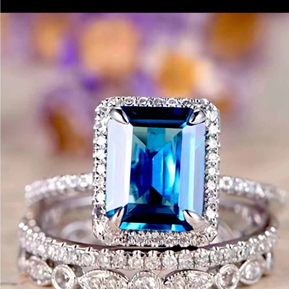 Unique Fashionable Silver Square Sapphire Ring Gift For Women 3pcs Set
